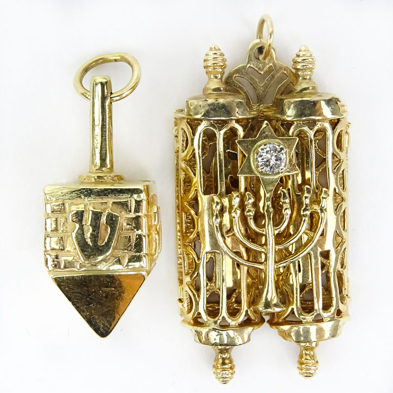 Vintage 14 Karat Yellow Gold Dreidel Pendant and 14 Karat Yellow Gold Torah Pendant with Diamond