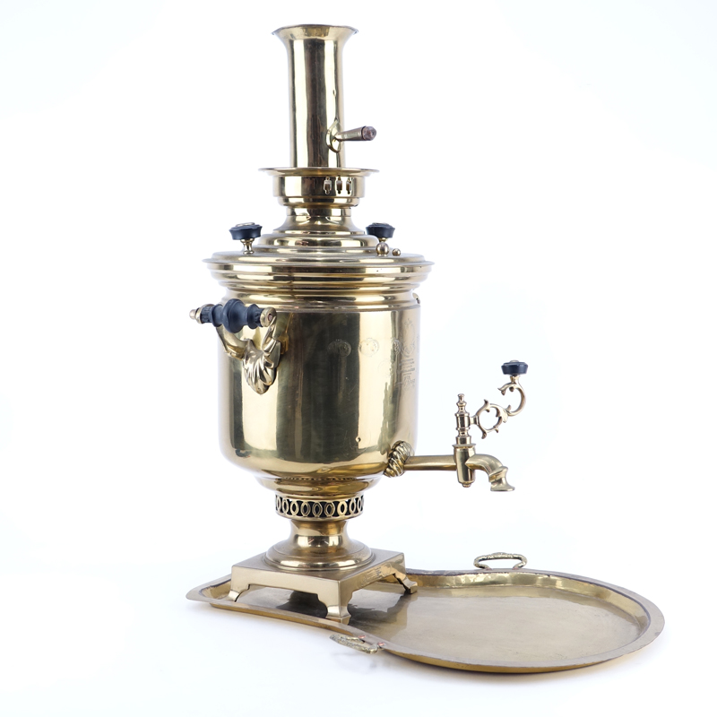 Antique Russian Brass Samovar with Undertray. Signed, stamped, inscribed, and dated. Has two small - Image 2 of 5