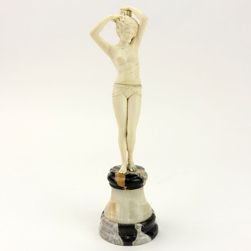 Art Deco Carved Ivory Nude Figurine on Marble and Onyx Base. Unsigned. Possible restoration to
