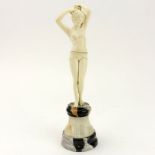 Art Deco Carved Ivory Nude Figurine on Marble and Onyx Base. Unsigned. Possible restoration to