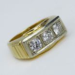 Men's Vintage Round Brilliant Cut Diamond and 14 Karat Yellow Gold Three Stone Ring. Stamped 14K.