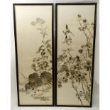 Pair Vintage Japanese Embroidery On Silk Panels. Both featuring bird and flower designs. Unsigned.