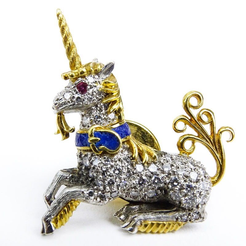 Vintage Tiffany & Co Diamond, Platinum, Enamel, Ruby and 18 Karat Yellow Gold Unicorn Tie Pin - Image 2 of 5