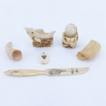 Collection of Six (6) Scrimshaw, Tooth and Bone Objects. Includes 2 figural boxes, 2 whales teeth,