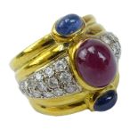 Possibly Vintage David Webb Cabochon Burma Ruby, Cabochon Sapphire, Pave Set Round Brilliant Cut