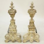Pair of Antique Georgian Silvered Bronze Andirons. Heavy Ornate scroll and acanthus leaves motifs,
