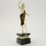 Art Deco Carved Ivory and Bronze Dancer with Tambourine on Marble and Onyx Base. Unsigned.