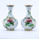 Pair Vintage Chinese Brass and Cloisonne Vases. Flower and butterfly motif. One with label. Light