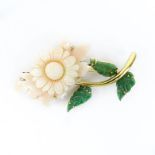 Vintage Carved Angelskin Coral, Carved Jade and 18 Karat Yellow Gold Flower Brooch. Stamped 18K 750.