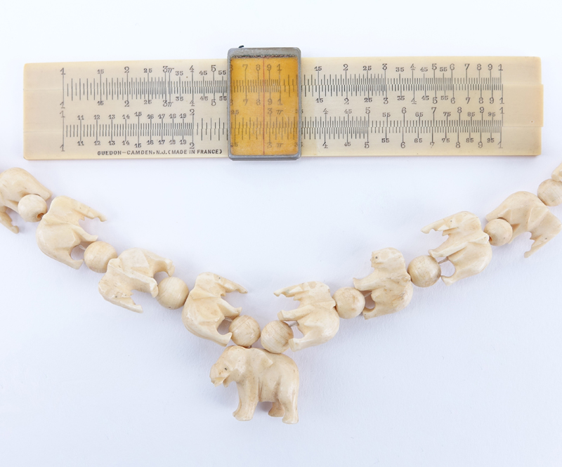 Collection of Four (4) Carved Ivory Objects. Includes 2 fans, slide rule, elephant necklace. - Image 4 of 4