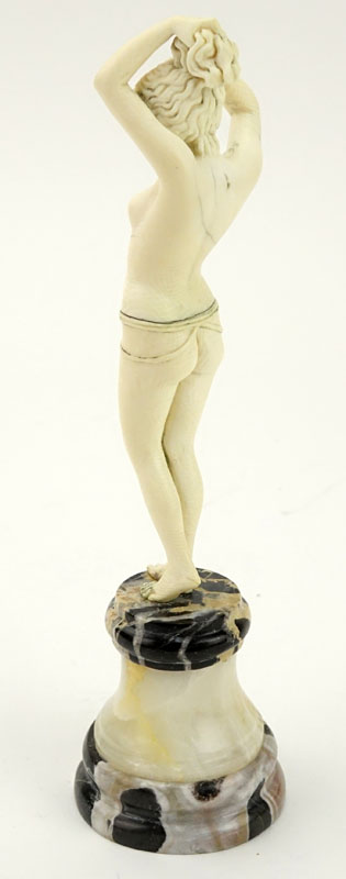 Art Deco Carved Ivory Nude Figurine on Marble and Onyx Base. Unsigned. Possible restoration to - Image 3 of 6