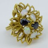 Vintage Oval Cabochon Opal, Sapphire, Diamond and 18 Karat Yellow Gold Ring. Unsigned. Good