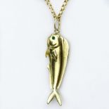 Vintage Heavy 14 Karat Yellow Gold Fish Pendant Necklace with Emerald Accents. Clasp stamped 14K.