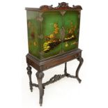 Early 20th Century Queen Anne Style Lacquered Chest On Stand. Painted interior with shelves.