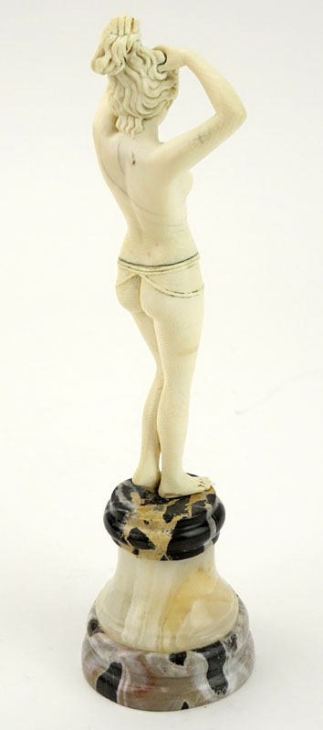 Art Deco Carved Ivory Nude Figurine on Marble and Onyx Base. Unsigned. Possible restoration to - Image 4 of 6