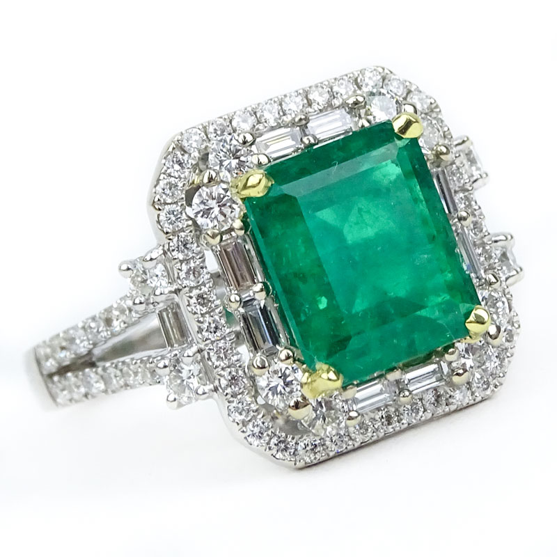 Approx. 2.50 Carat Colombian Emerald, 1.40 Carat Round Brilliant and Baguette Cut Diamond and 18