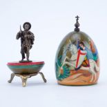 Russian Lacquer Wood Egg on Brass Stand with Bronze Icon. Scene of St. George and dragon. Rubbing to