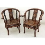 Pair of Chinese Carved Hardwood and Bone Inlay Horseshoe Armchairs. One chair has splits to