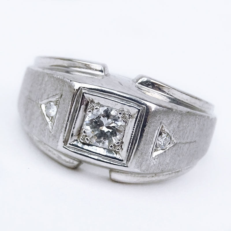 Man's Vintage Round Brilliant Cut Diamond and 14 Karat White Gold Ring. Stamped 14K. Very good