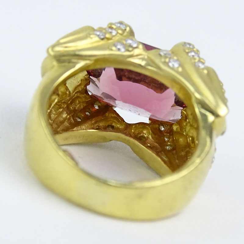 Oval Cut Salmon Pink Tourmaline, Diamond and 14 Karat Yellow Gold Ring. Tourmaline measures 11mm x - Image 2 of 3