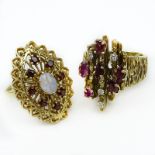 Vintage Six (6) Oval Cut Ruby, Diamond and 14 Karat Yellow Gold Cluster Ring together with Vintage