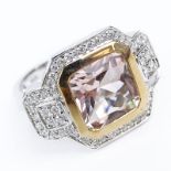 Fine Quality Square Cut Morganite, Diamond and 18 Karat White and Pink Gold Ring. Morganite measures