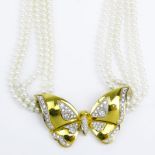Vintage Round Brilliant Cut Diamond, 18 Karat Yellow Gold and Five (5) Strand Pearl Pendant