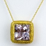 Vintage Square Cut Morganite and 18 Karat Yellow Gold Pendant Necklace. Morganite measures 12.6mm