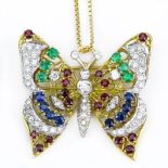 Vintage Diamond, Multi Gemstone and 18 Karat Yellow Gold Butterfly Pendant / Brooch with 14 Karat