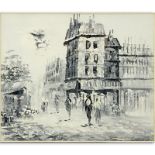 19/20th Century French School Grisaille Oil Painting On Canvas "Paris Street". Framed. Unsigned.