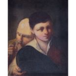 19/20th Century European School Oil On Canvas "Man & Boy" Unsigned. Old label en verso: Ordine