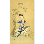 Vintage Chinese Painting On Silk "Girl On Horse". Unsigned. Toning from age. Measures 31-1/4" x 17-