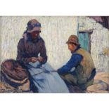 Well Done 19/20th Impressionist School Oil On Panel. "Man and Woman Mending A Basket". Signed