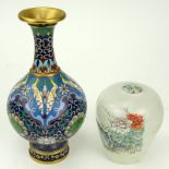 Collection of Two (2) Vintage Chinese Tabletop Items. Includes: cloisonné vase and reverse painted