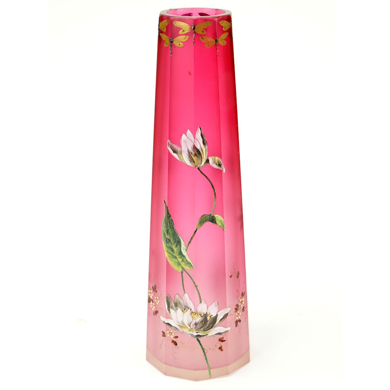 French Art Deco Hand painted Flower and Dragonfly Art Glass Vase. Unsigned. Light rubbing to gilt or - Image 2 of 5