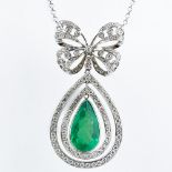 Vintage Approx. 9.02 Carat Colombian Pear Shape Emerald, 4.20 Carat Round Brilliant Cut Diamond
