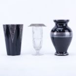 Two Silver Overlay and Black Satin Glass Vases along with Etched Glass Footed vase with Sterling