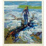 Nicola Simbari, Italian (b.1927) Silkscreen of a Young Woman at the Beach, Signed in Pencil Lower