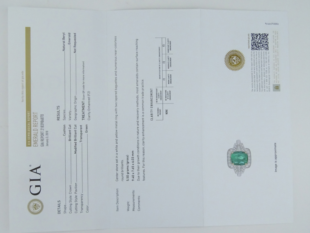 GIA Certified and Rodrigo Giraldo Certified Colombian Emerald, Diamond and 18 Karat White Gold Ring. - Image 6 of 6