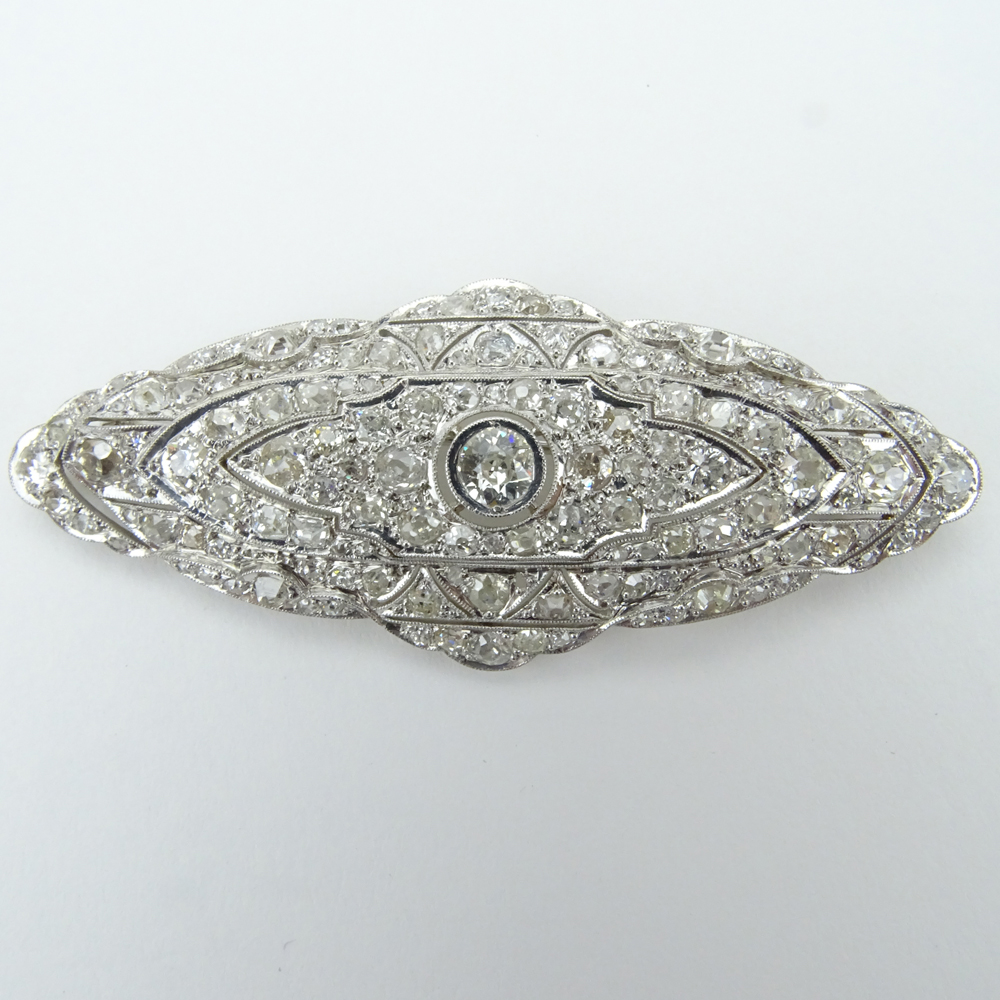 Art Deco Approx. 10.0 Carat Old Mine Cut Diamond and Platinum Brooch. Diamonds E-F color, SI1-SI2