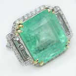 AGL Certified 16.27 Carat Colombian Light Green Emerald, Diamond and Platinum Ring. Emerald measures