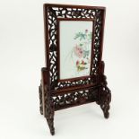 19/20th Century Chinese Hand Painted Porcelain Plaque Mounted in Carved Hardwood Frame As Table