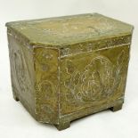 Early Tooled Brass Covered Wood Chest. Unsigned. Antique condition with missing hinge, dents wear.