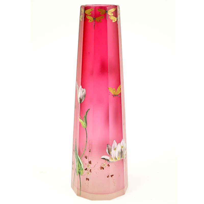 French Art Deco Hand painted Flower and Dragonfly Art Glass Vase. Unsigned. Light rubbing to gilt or - Image 3 of 5