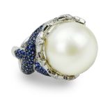 Vintage Approx. 14.5mm South Sea Pearl, Pave Set Sapphire, Diamond and 18 Karat White Gold Ring.