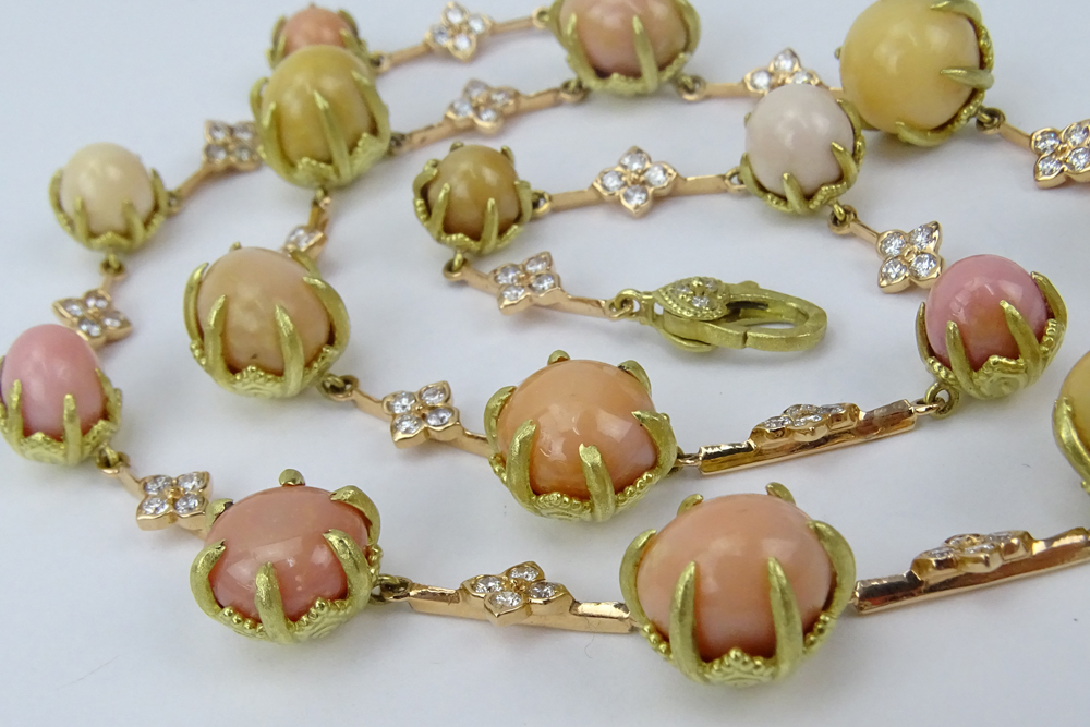 Rare Vintage Fifteen (15) Round and Oval Conch Pearl, Diamond and 18 Karat Yellow and Rose Gold - Image 2 of 3