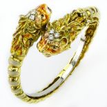 Vintage Italian 18 Karat Yellow Gold Tiger Bangle Bracelet with Diamond and Enamel Accents.