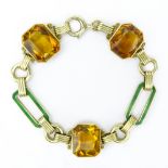 Vintage Three (3) Citrine, Enamel and 14 Karat Yellow Gold Bracelet. Citrines with vivid color,
