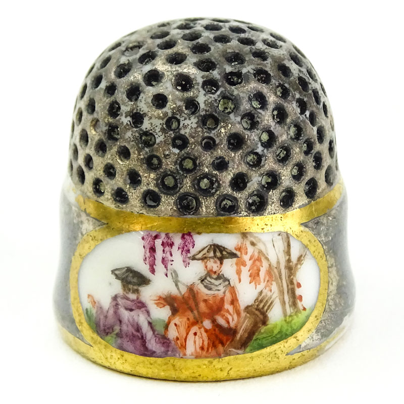 Mid 18th Century Meissen Porcelain Thimble. Gray/Pewter Ground. The upper part with indentations,