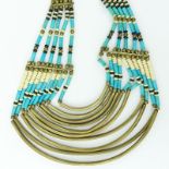 African Multi Strand Brass and Beaded Tribal Necklace. Composed of 5 strands above ten strands